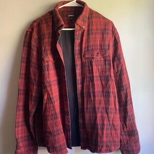 Express Men's Red and Black Plaid Shirt Jacket